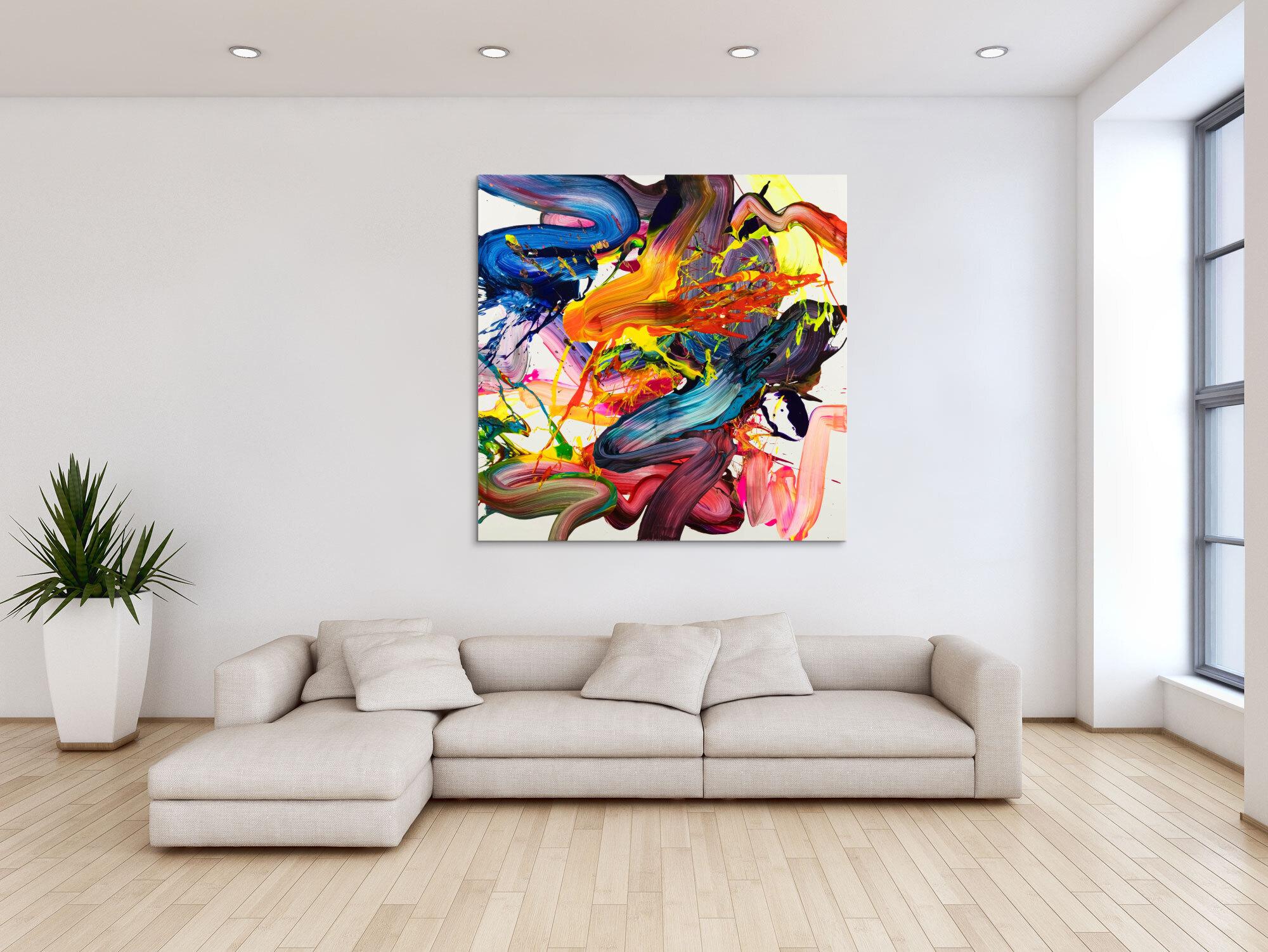 Abstraktes Original Gemälde 130x130cm Action Painting Moderne Kunst handgemalt Fluid Painting bunt weiß rot Einzelstück