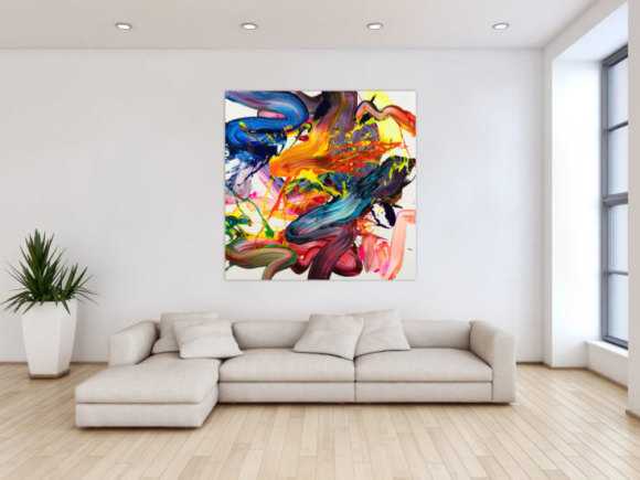 Abstraktes Original Gemälde 130x130cm Action Painting Moderne Kunst handgemalt Fluid Painting bunt weiß rot Einzelstück
