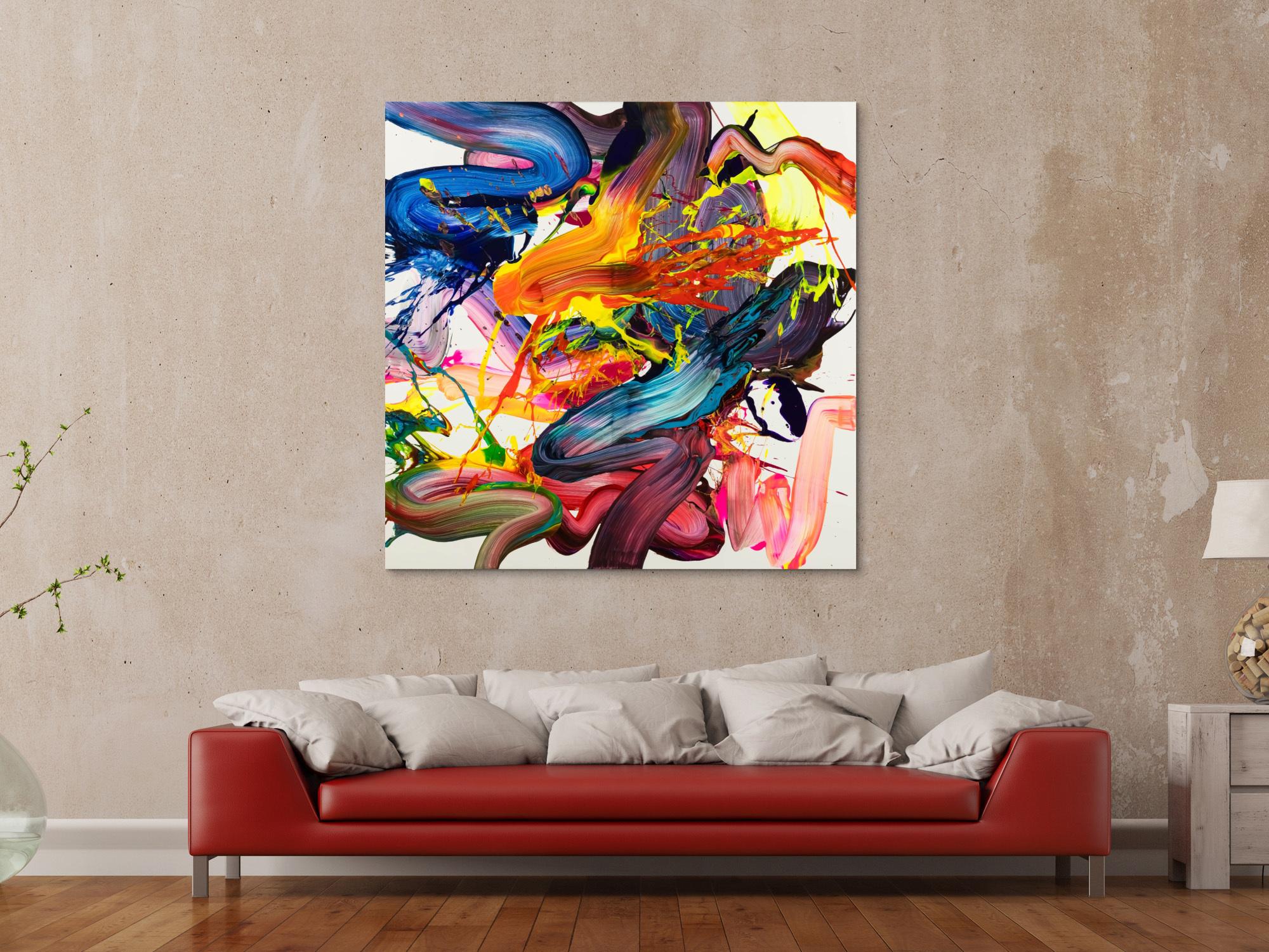 Abstraktes Original Gemälde 130x130cm Action Painting Moderne Kunst handgemalt Fluid Painting bunt weiß rot Einzelstück