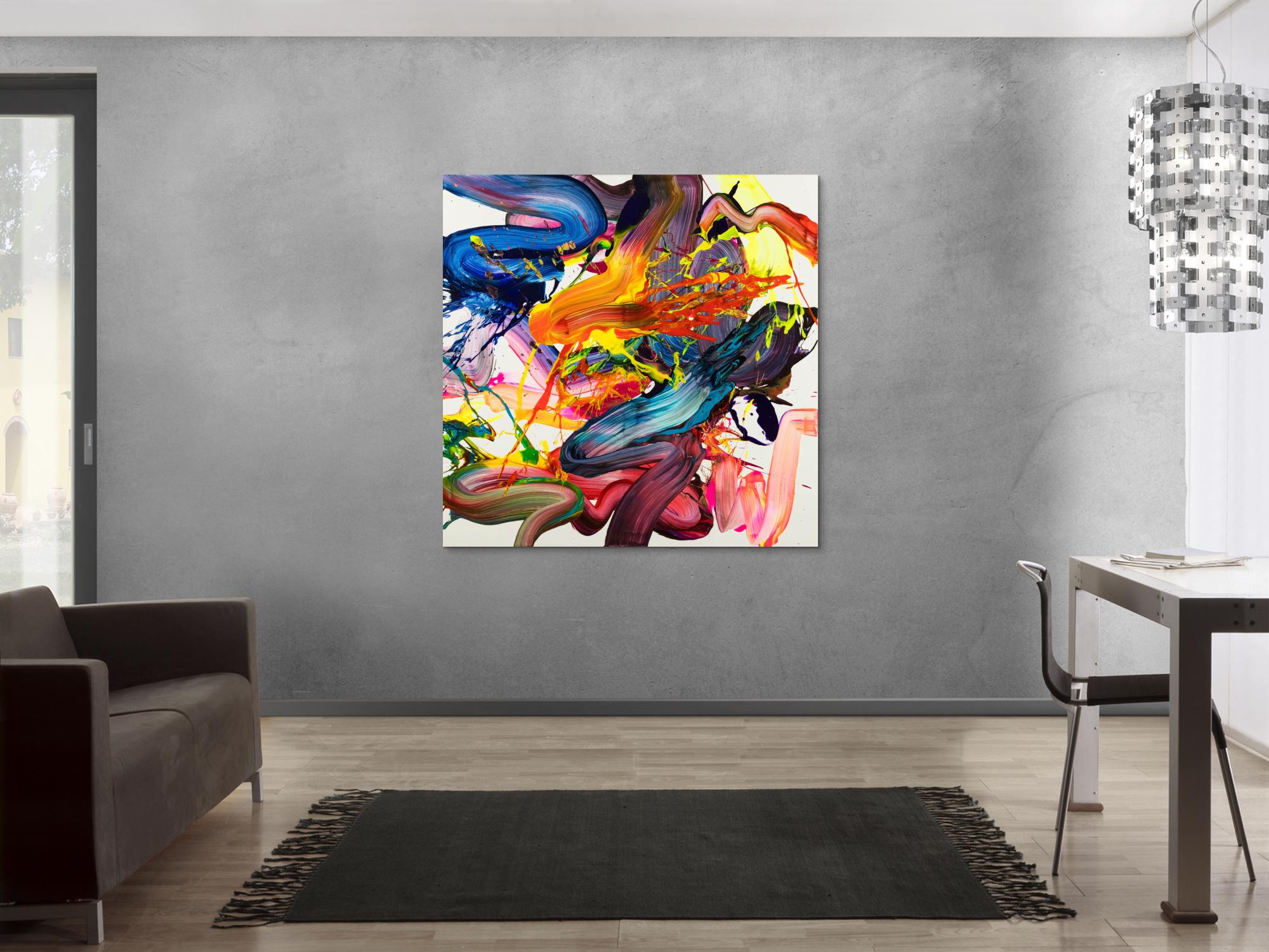 Abstraktes Original Gemälde 130x130cm Action Painting Moderne Kunst handgemalt Fluid Painting bunt weiß rot Einzelstück