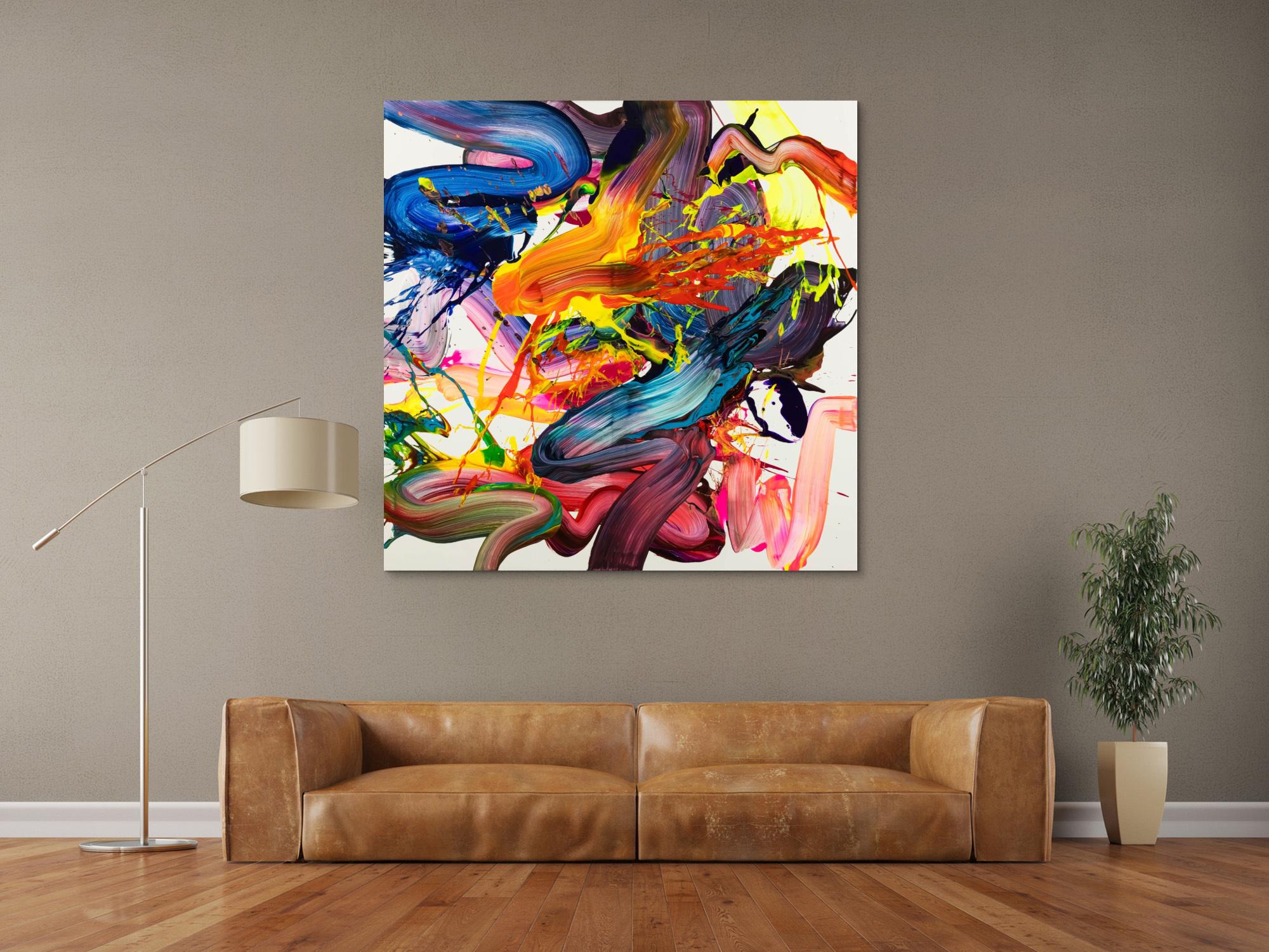 Abstraktes Original Gemälde 130x130cm Action Painting Moderne Kunst handgemalt Fluid Painting bunt weiß rot Einzelstück