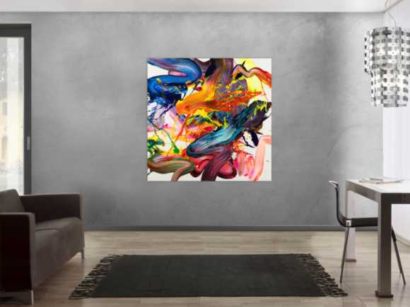 Abstraktes Original Gemälde 130x130cm Action Painting Moderne Kunst handgemalt Fluid Painting bunt weiß rot Einzelstück