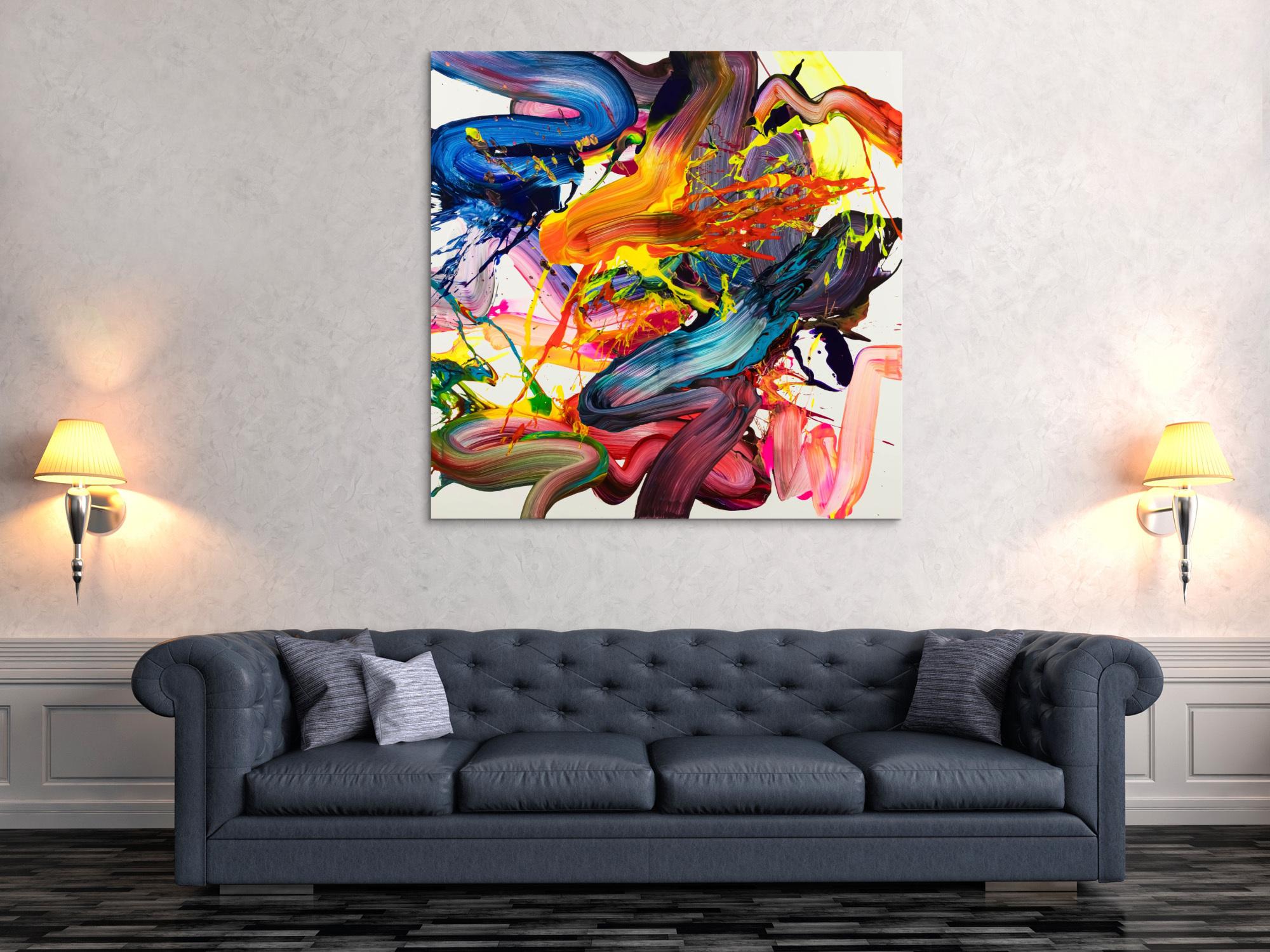 Abstraktes Original Gemälde 130x130cm Action Painting Moderne Kunst handgemalt Fluid Painting bunt weiß rot Einzelstück