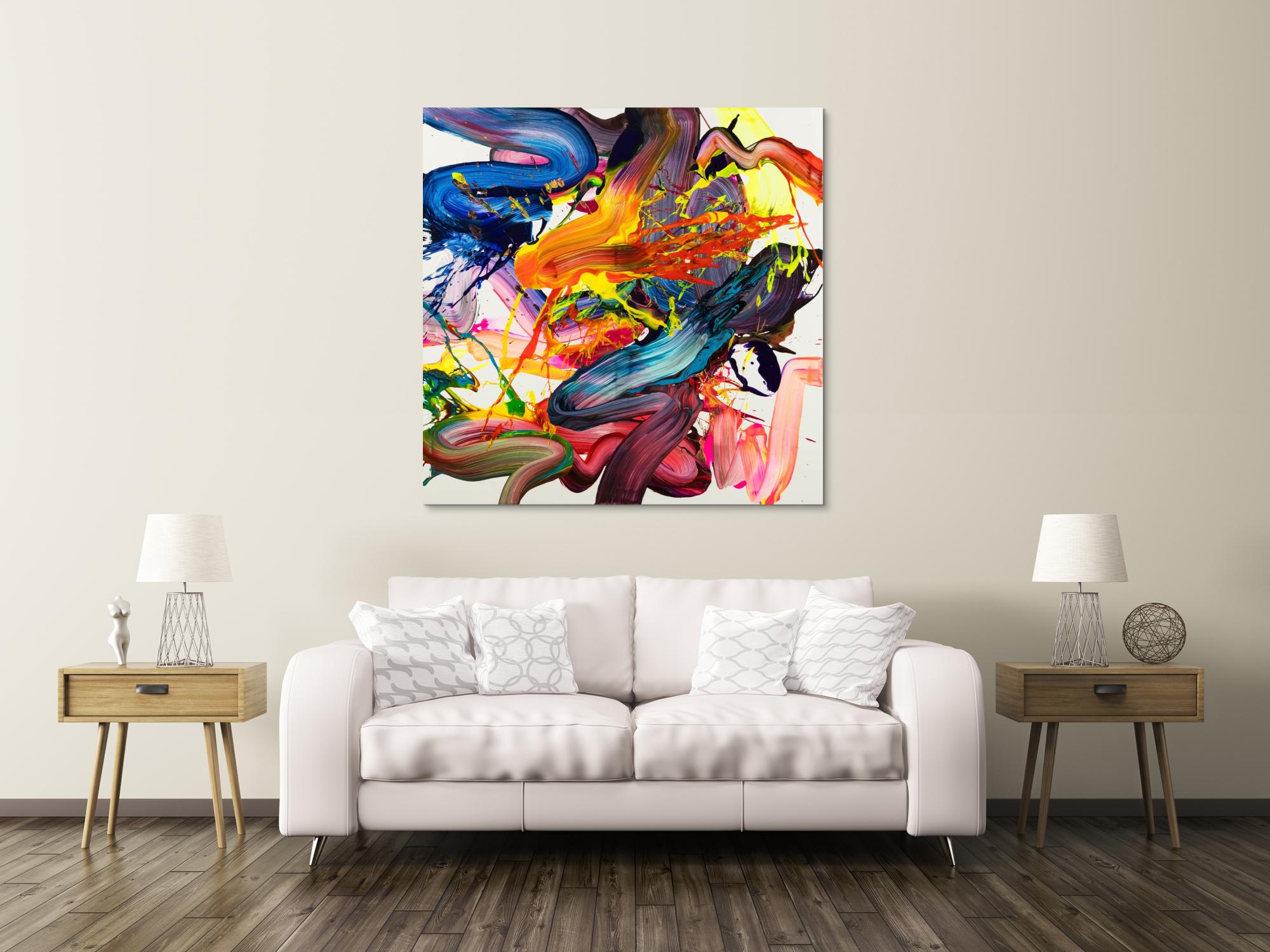 Abstraktes Original Gemälde 130x130cm Action Painting Moderne Kunst handgemalt Fluid Painting bunt weiß rot Einzelstück