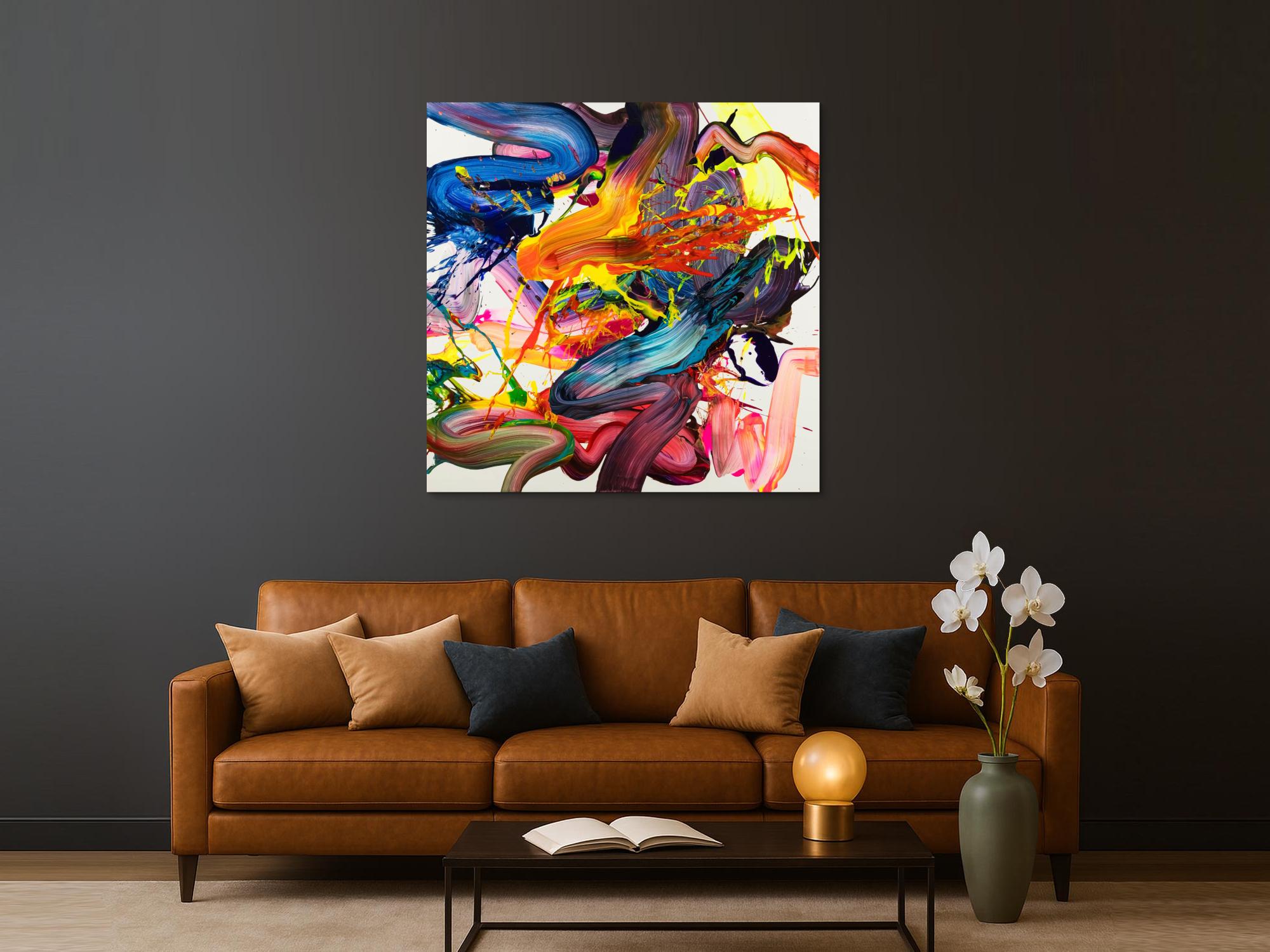 Abstraktes Original Gemälde 130x130cm Action Painting Moderne Kunst handgemalt Fluid Painting bunt weiß rot Einzelstück