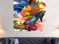 Abstraktes Original Gemälde 130x130cm Action Painting Moderne Kunst handgemalt Fluid Painting bunt weiß rot Einzelstück