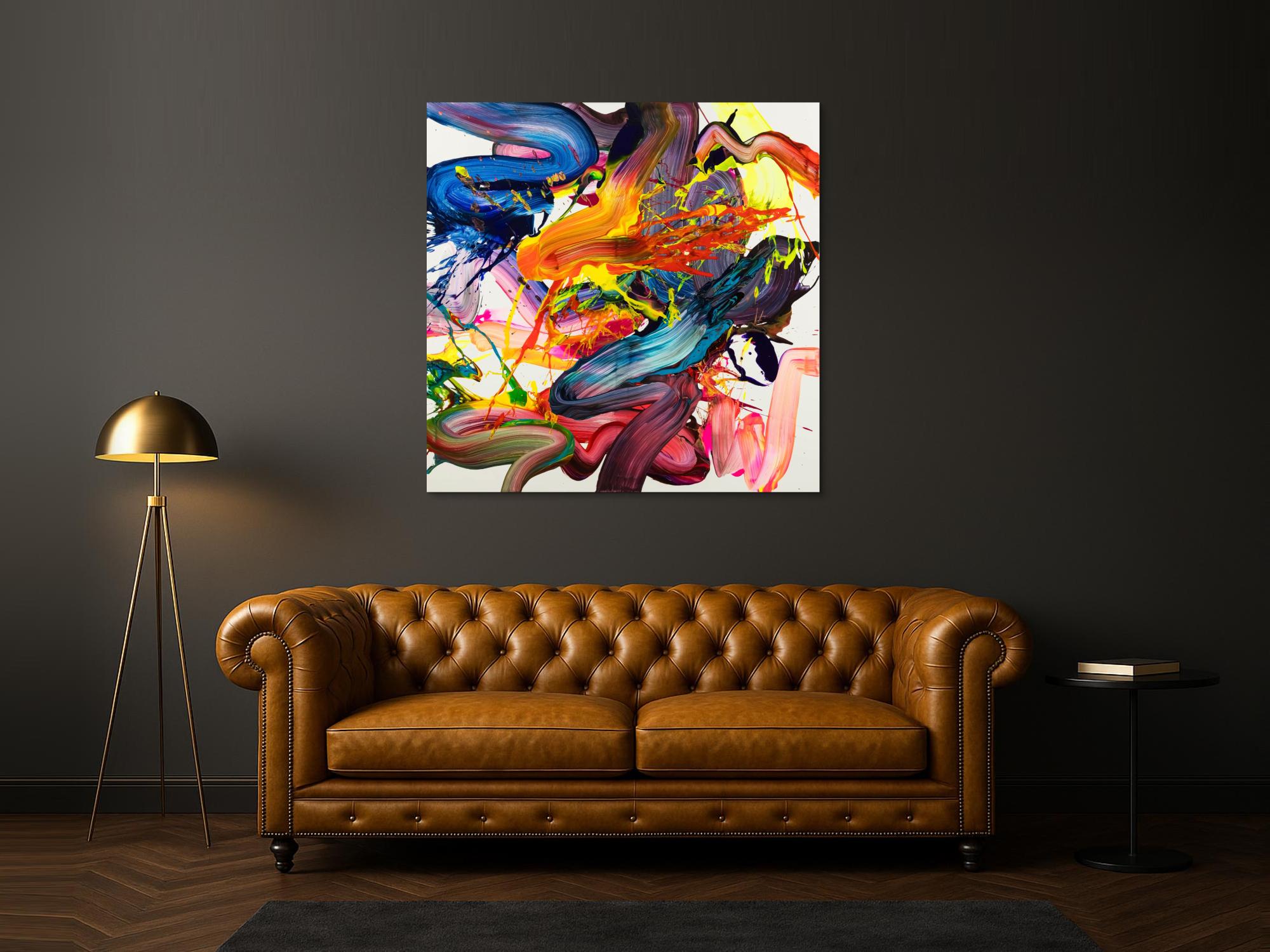 Abstraktes Original Gemälde 130x130cm Action Painting Moderne Kunst handgemalt Fluid Painting bunt weiß rot Einzelstück