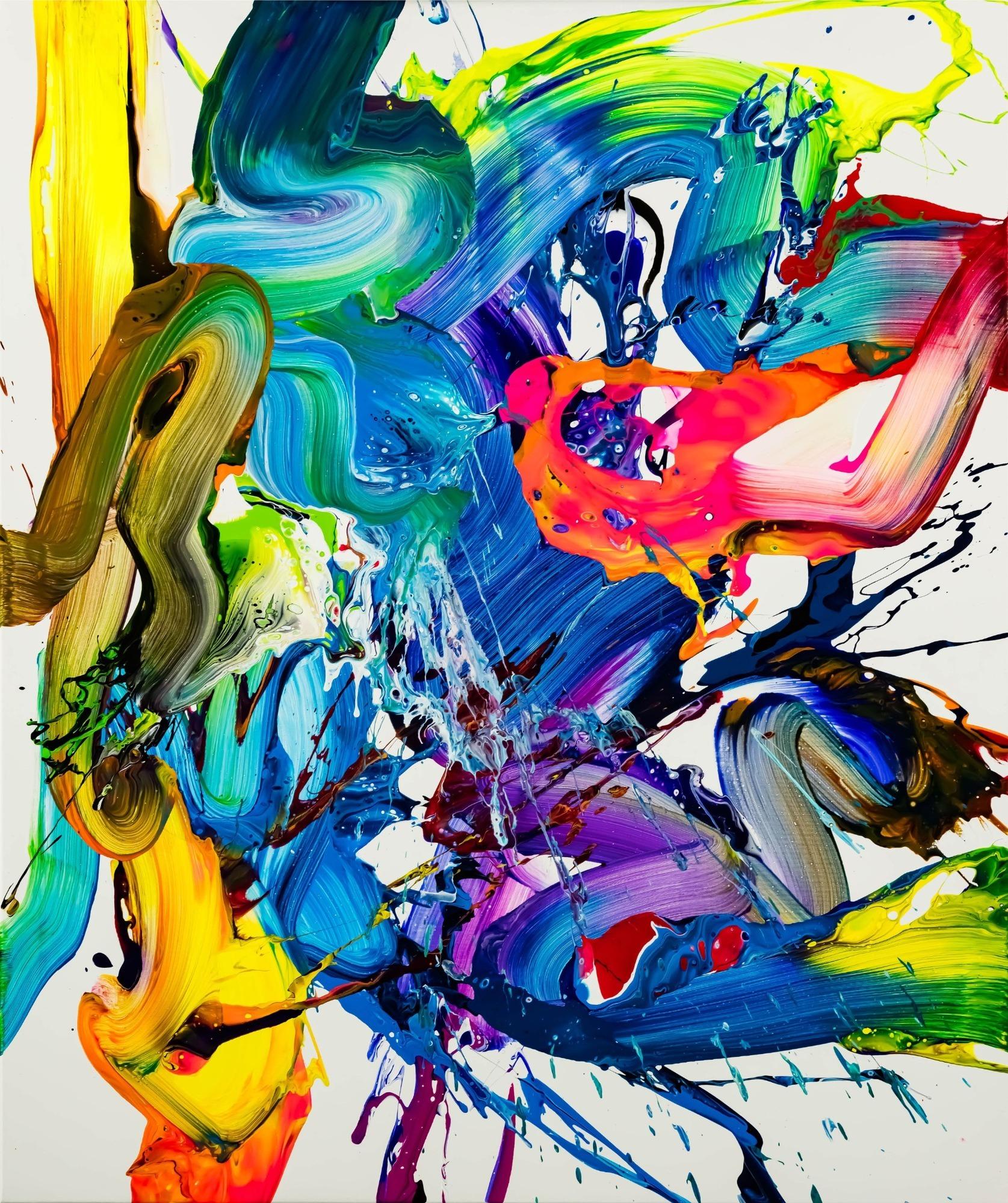 Action Painting Gemälde abstrakt 130x100cm  handgemalt Fluid Painting NEON bunt weiß blau