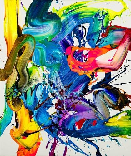 Action Painting Gemälde abstrakt 130x100cm  handgemalt Fluid Painting NEON bunt weiß blau