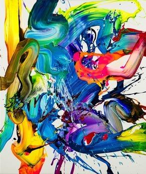 Action Painting Gemälde abstrakt 130x100cm  handgemalt Fluid Painting NEON bunt weiß blau