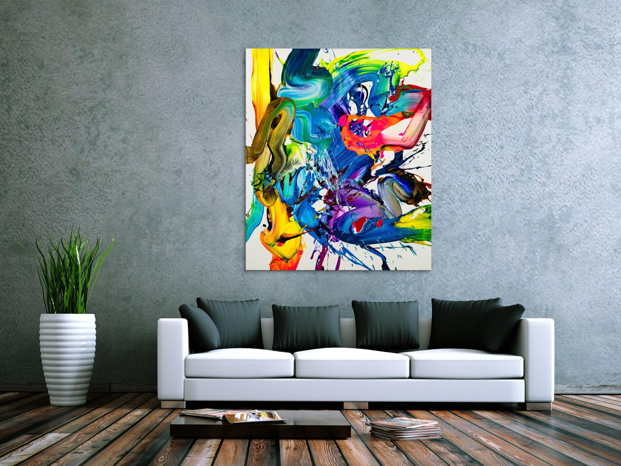 Action Painting Gemälde abstrakt 130x100cm  handgemalt Fluid Painting NEON bunt weiß blau