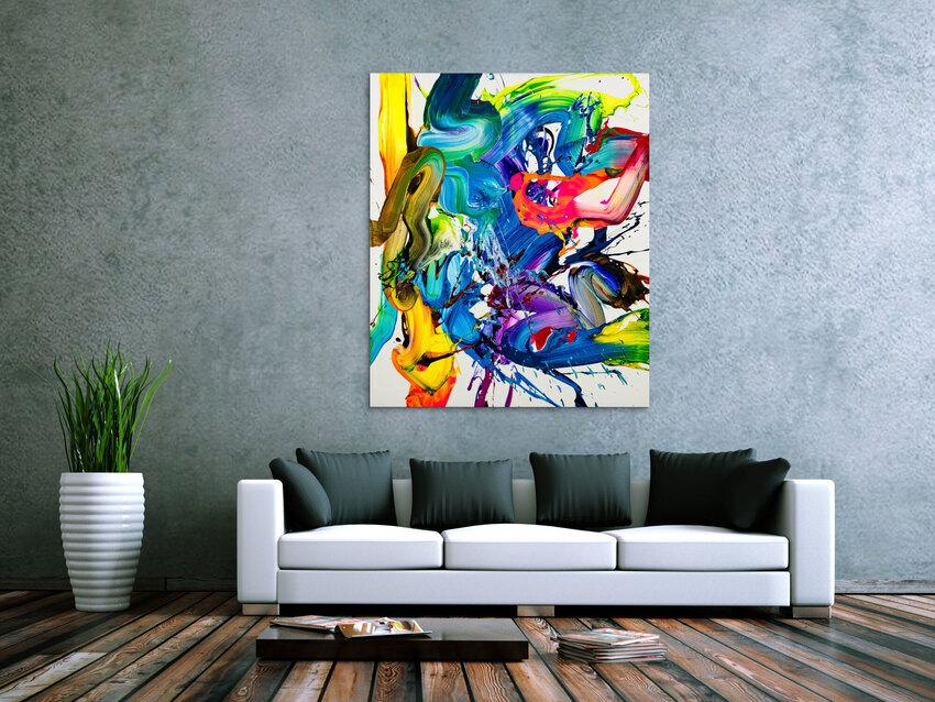 Action Painting Gemälde abstrakt 130x100cm  handgemalt Fluid Painting NEON bunt weiß blau