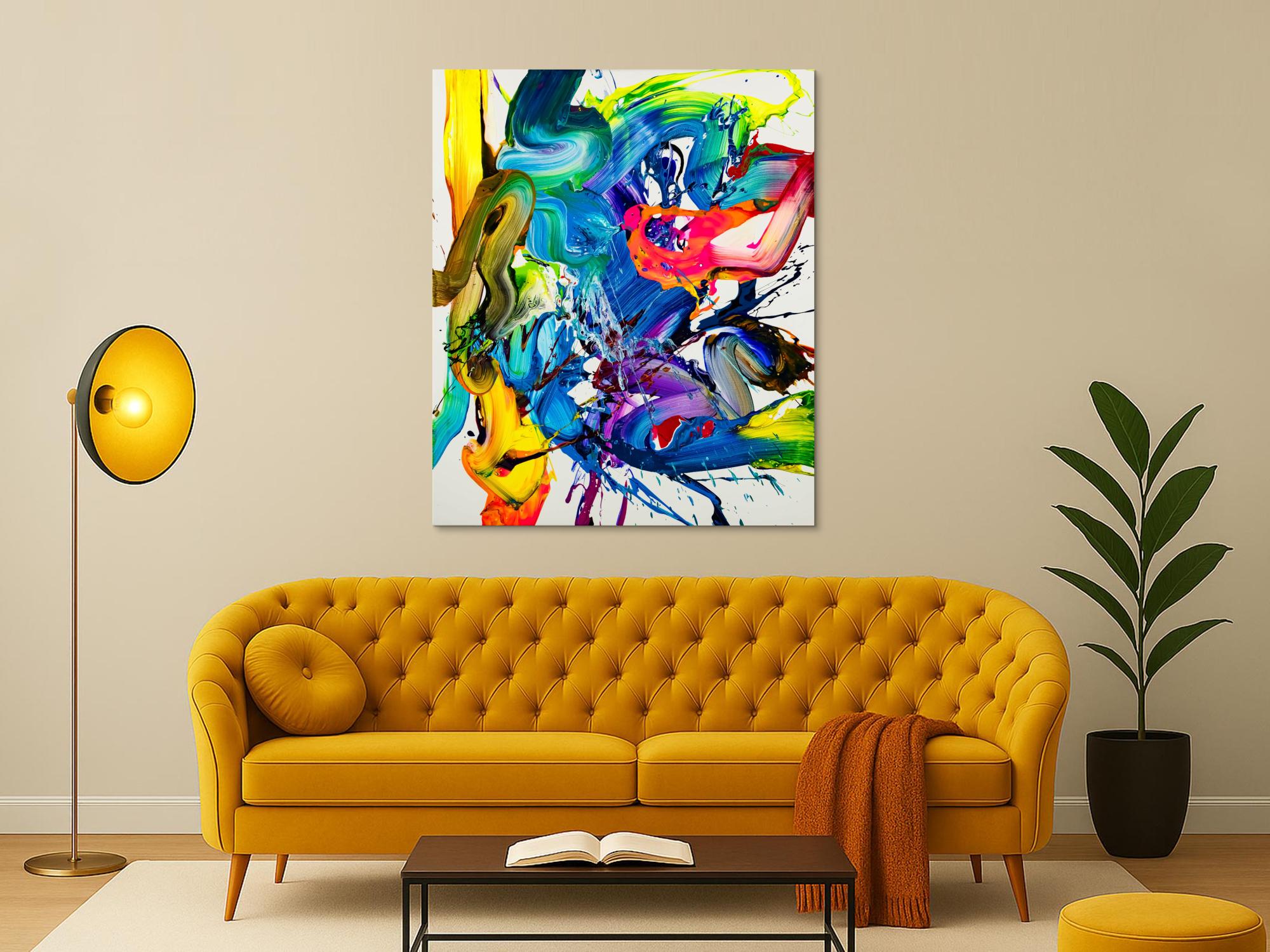 Action Painting Gemälde abstrakt 130x100cm  handgemalt Fluid Painting NEON bunt weiß blau