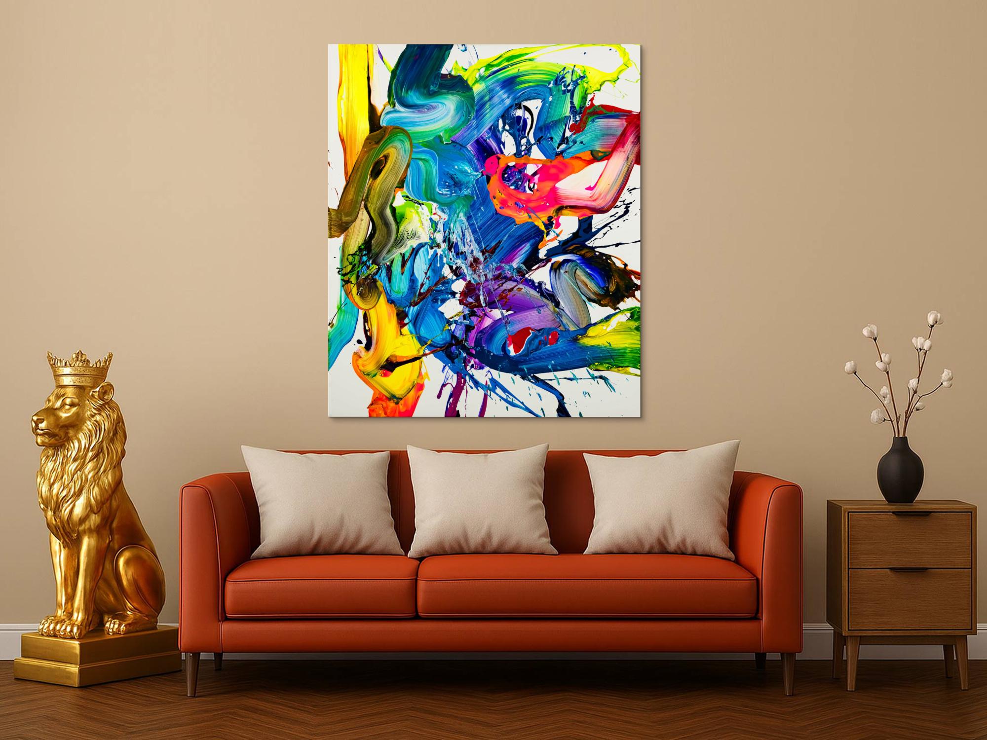 Action Painting Gemälde abstrakt 130x100cm  handgemalt Fluid Painting NEON bunt weiß blau