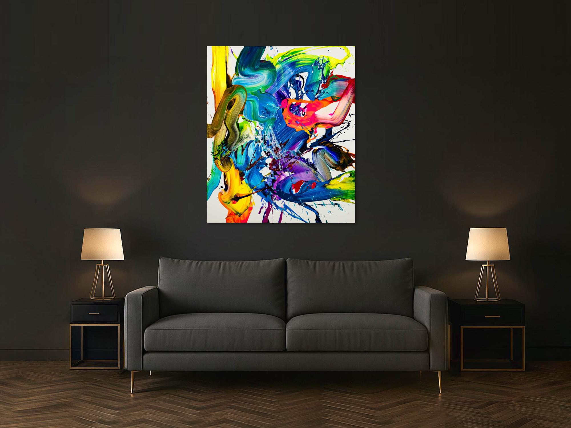 Action Painting Gemälde abstrakt 130x100cm  handgemalt Fluid Painting NEON bunt weiß blau