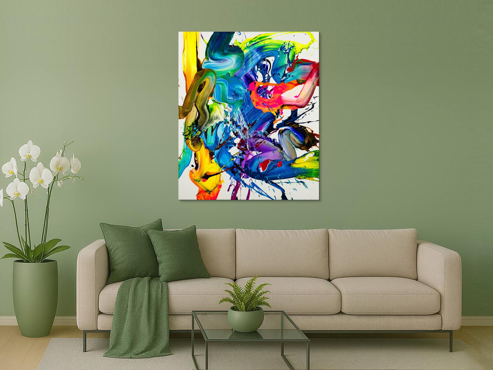 Action Painting Gemälde abstrakt 130x100cm  handgemalt Fluid Painting NEON bunt weiß blau