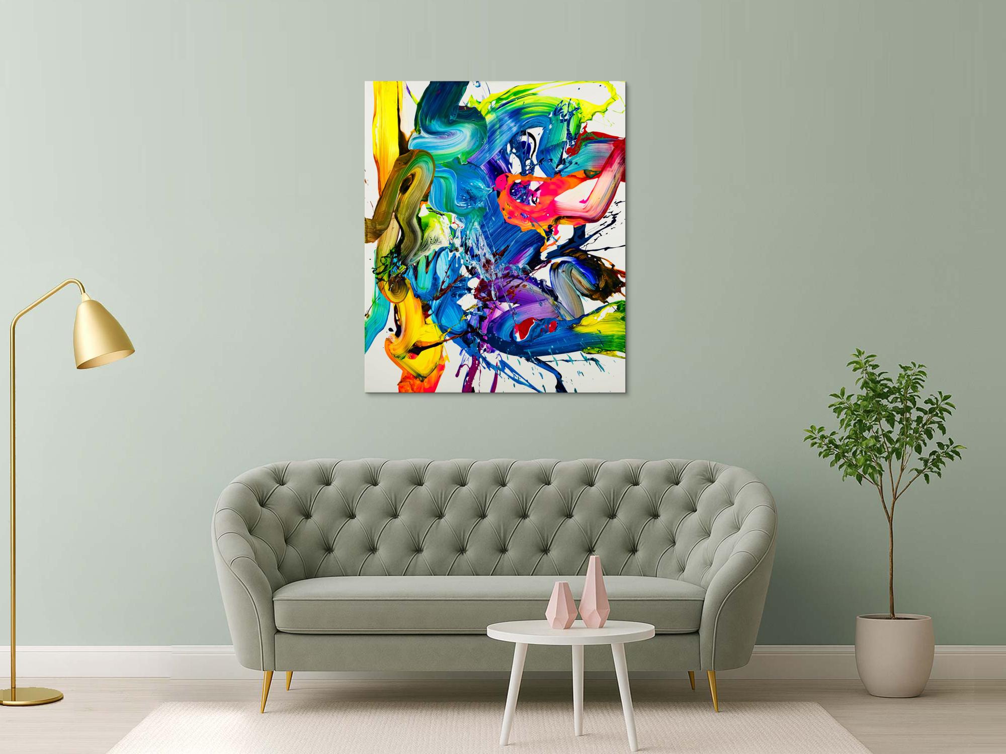 Action Painting Gemälde abstrakt 130x100cm  handgemalt Fluid Painting NEON bunt weiß blau