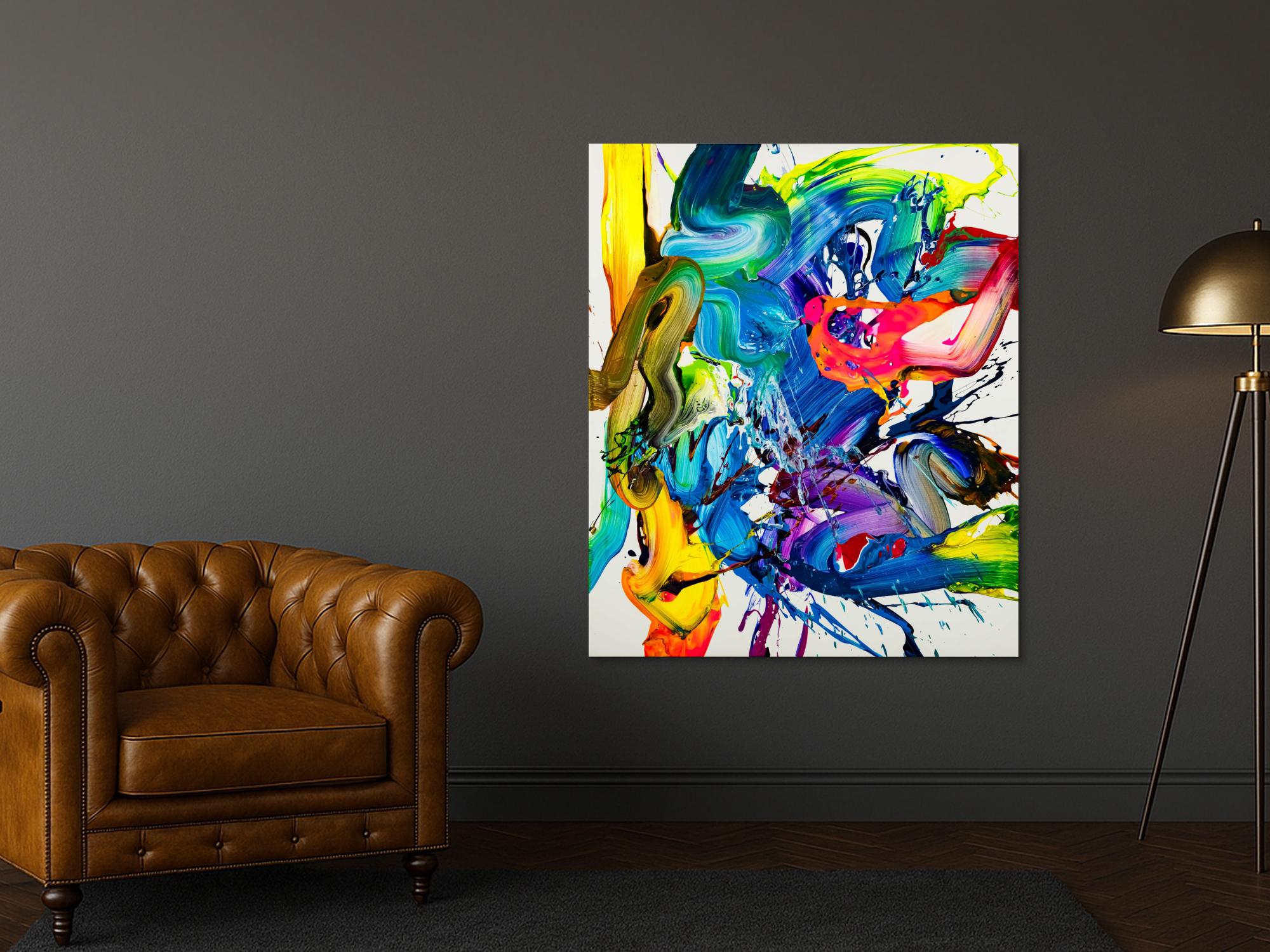 Action Painting Gemälde abstrakt 130x100cm  handgemalt Fluid Painting NEON bunt weiß blau