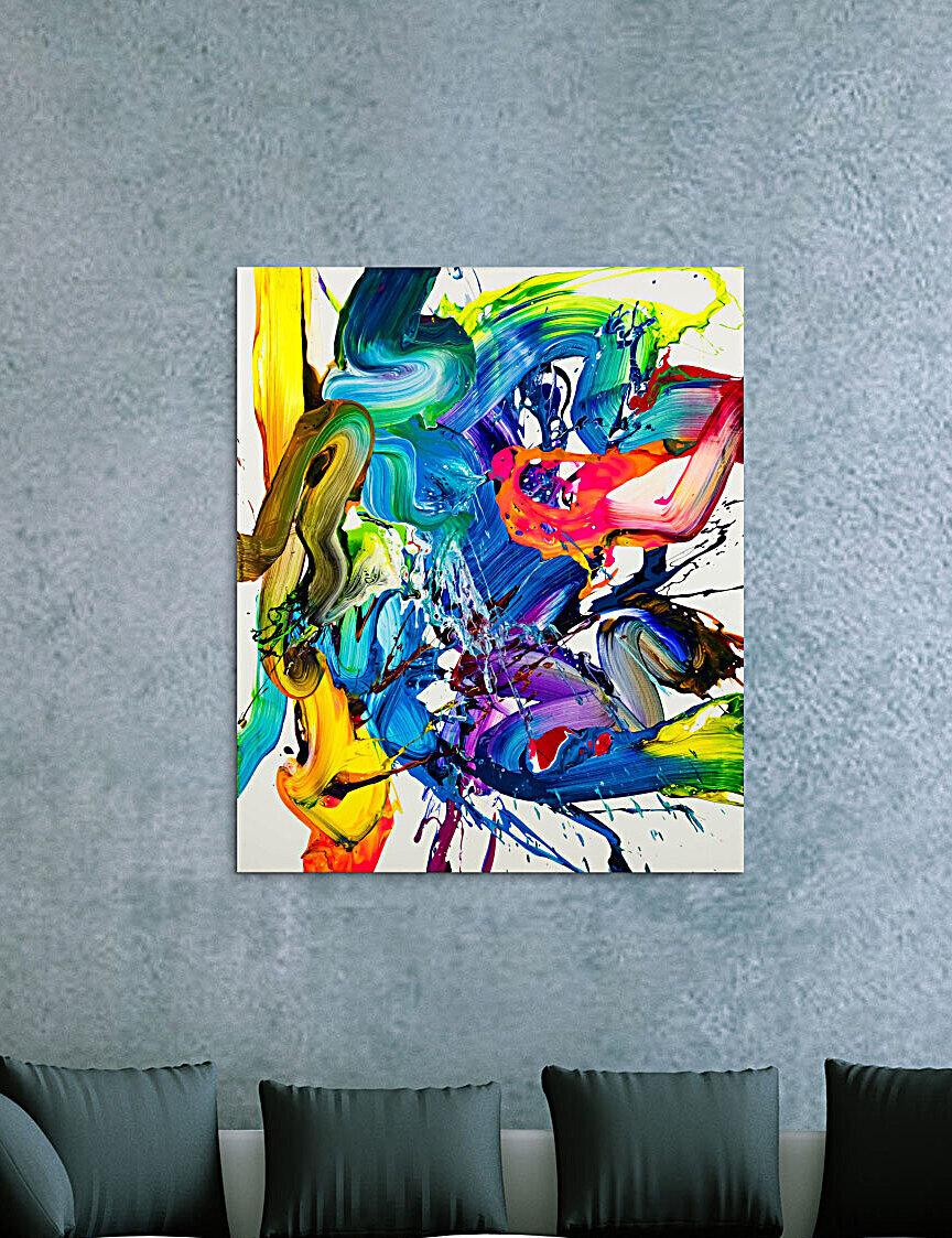 Action Painting Gemälde abstrakt 130x100cm handgemalt Fluid Painting NEON bunt weiß blau