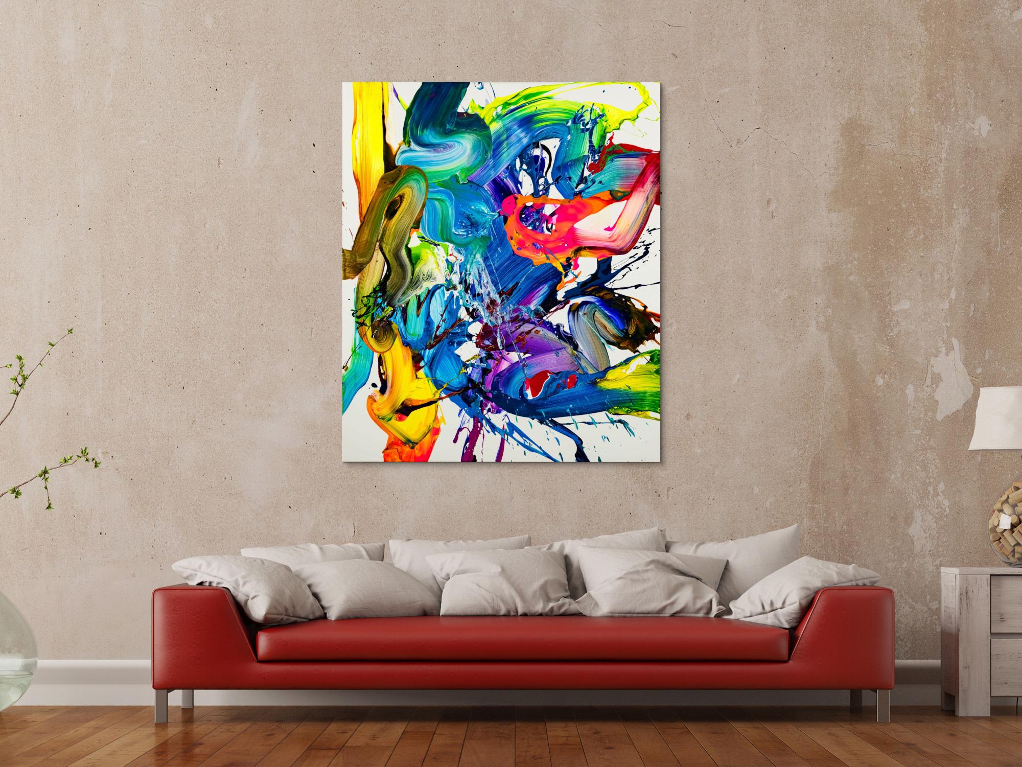 Action Painting Gemälde abstrakt 130x100cm  handgemalt Fluid Painting NEON bunt weiß blau