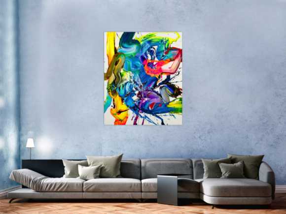 Action Painting Gemälde abstrakt 130x100cm handgemalt Fluid Painting NEON bunt weiß blau