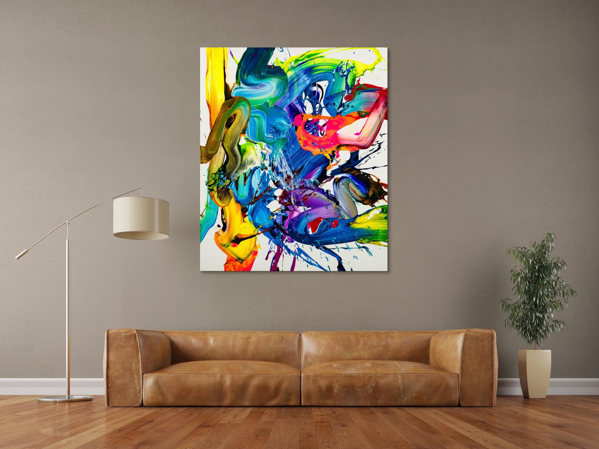 Action Painting Gemälde abstrakt 130x100cm  handgemalt Fluid Painting NEON bunt weiß blau