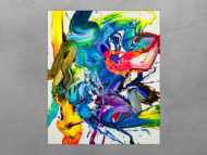 Action Painting Gemälde abstrakt 130x100cm handgemalt Fluid Painting NEON bunt weiß blau