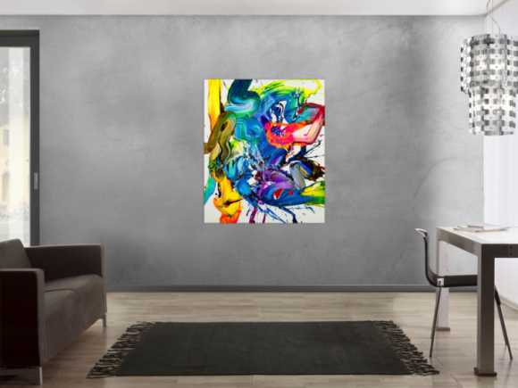 Action Painting Gemälde abstrakt 130x100cm  handgemalt Fluid Painting NEON bunt weiß blau