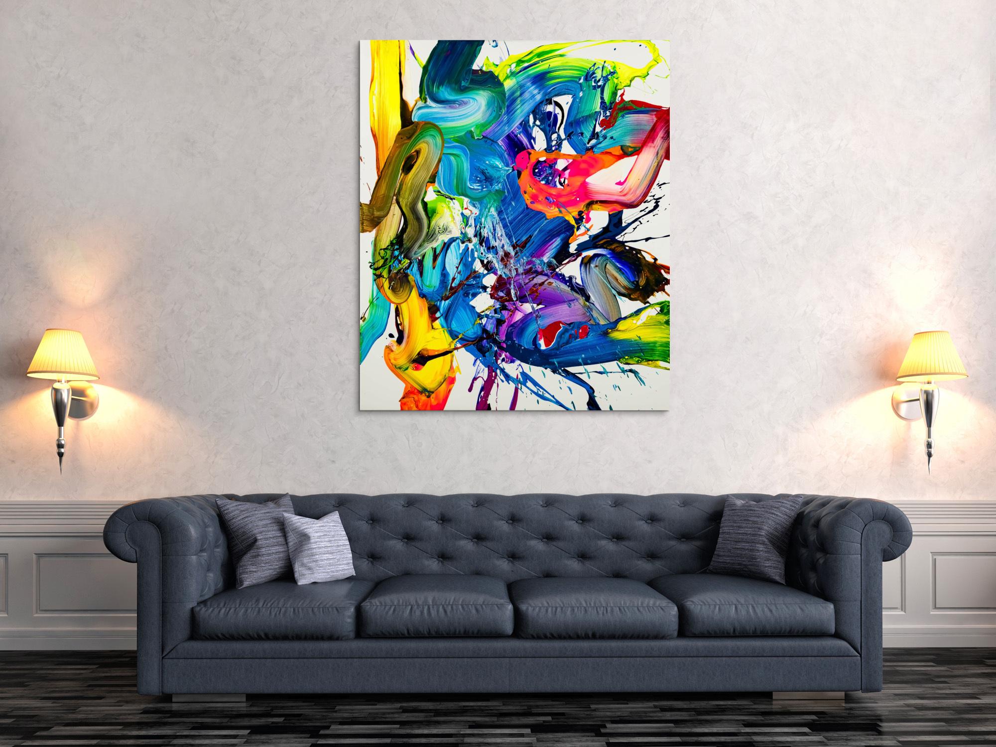 Action Painting Gemälde abstrakt 130x100cm  handgemalt Fluid Painting NEON bunt weiß blau