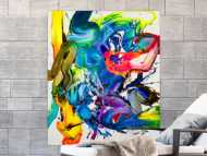 Action Painting Gemälde abstrakt 130x100cm handgemalt Fluid Painting NEON bunt weiß blau