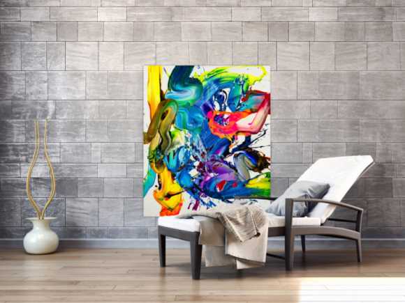 Action Painting Gemälde abstrakt 130x100cm handgemalt Fluid Painting NEON bunt weiß blau