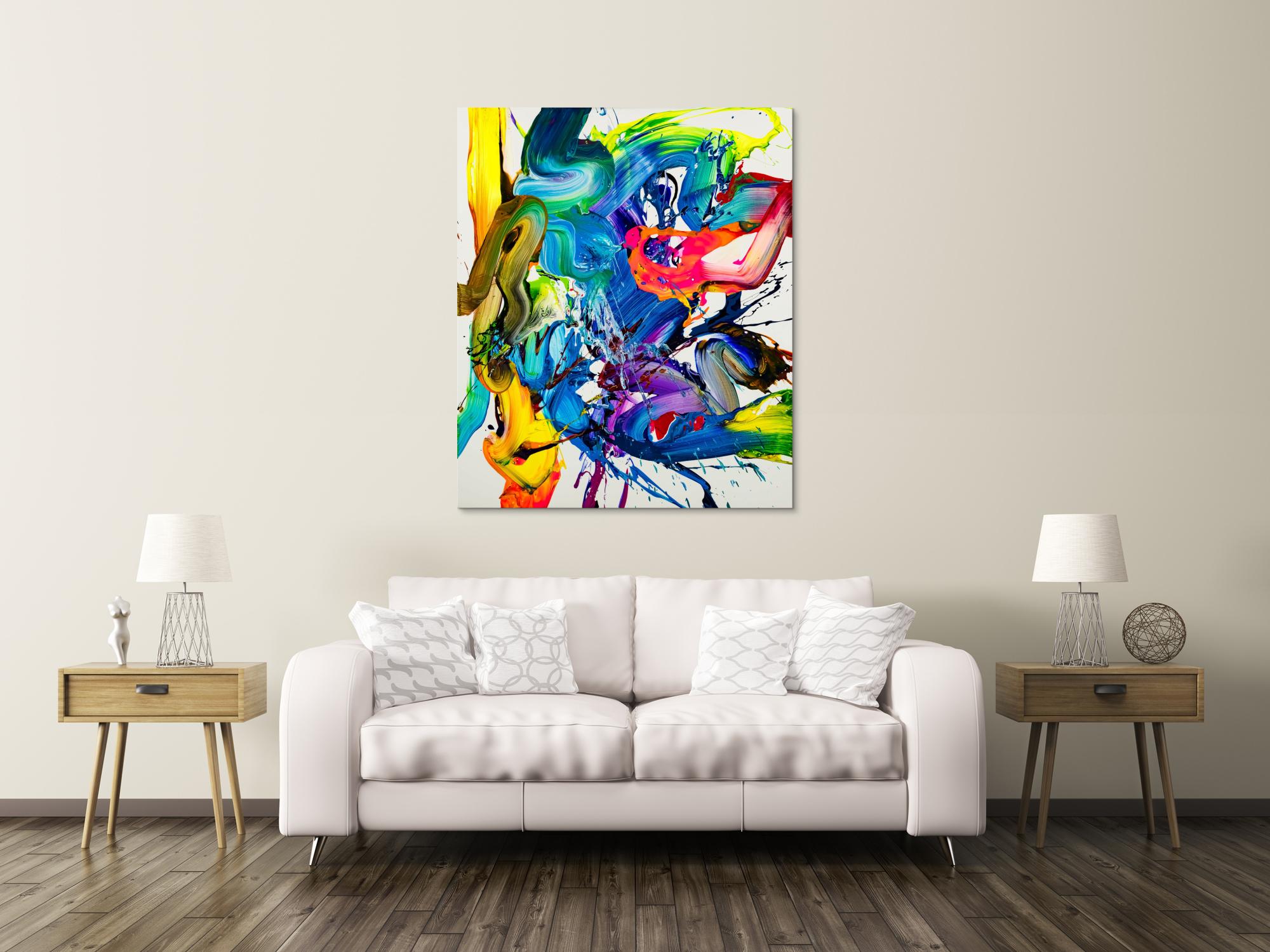 Action Painting Gemälde abstrakt 130x100cm  handgemalt Fluid Painting NEON bunt weiß blau