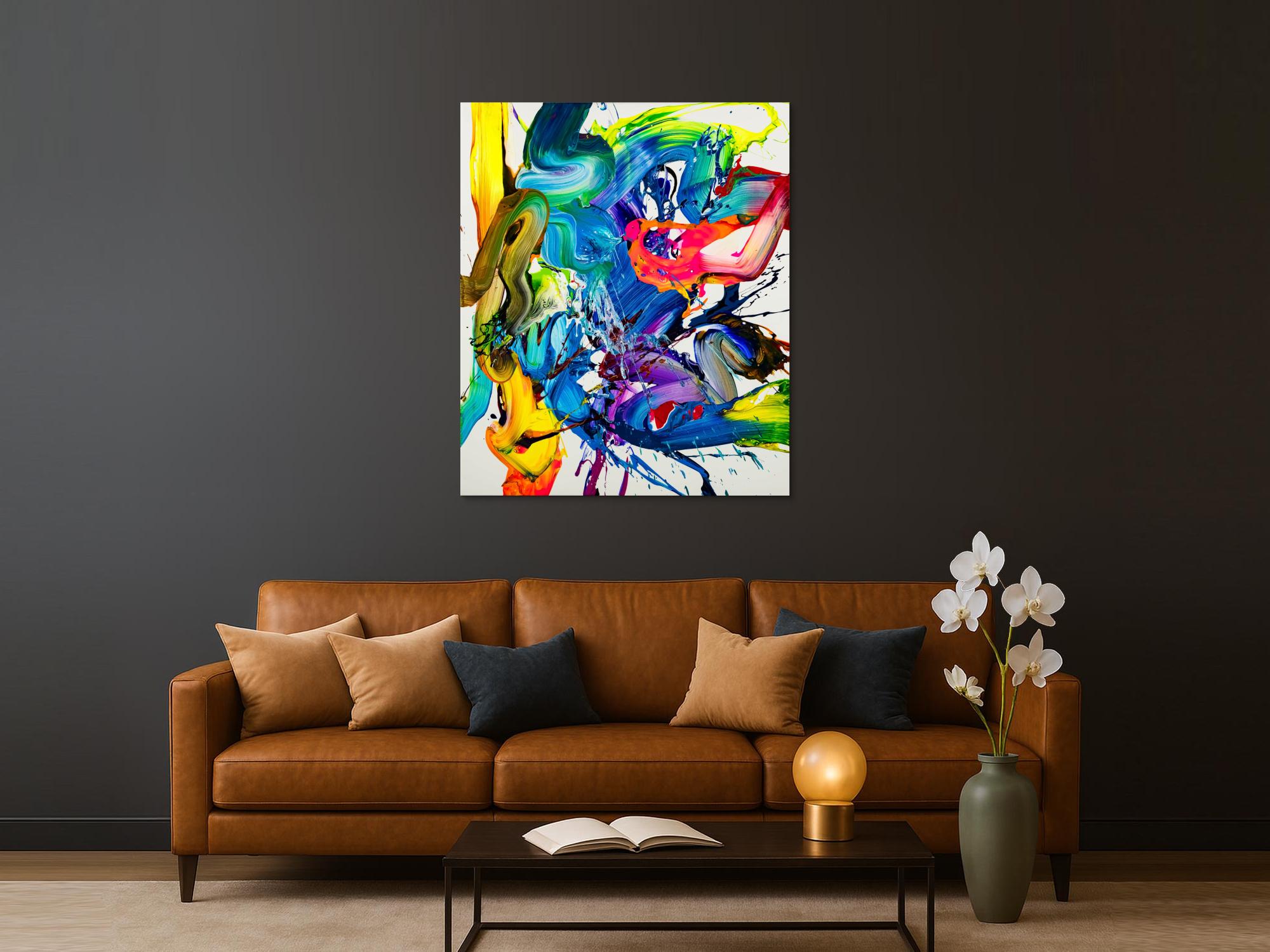 Action Painting Gemälde abstrakt 130x100cm  handgemalt Fluid Painting NEON bunt weiß blau