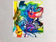 Action Painting Gemälde abstrakt 130x100cm handgemalt Fluid Painting NEON bunt weiß blau