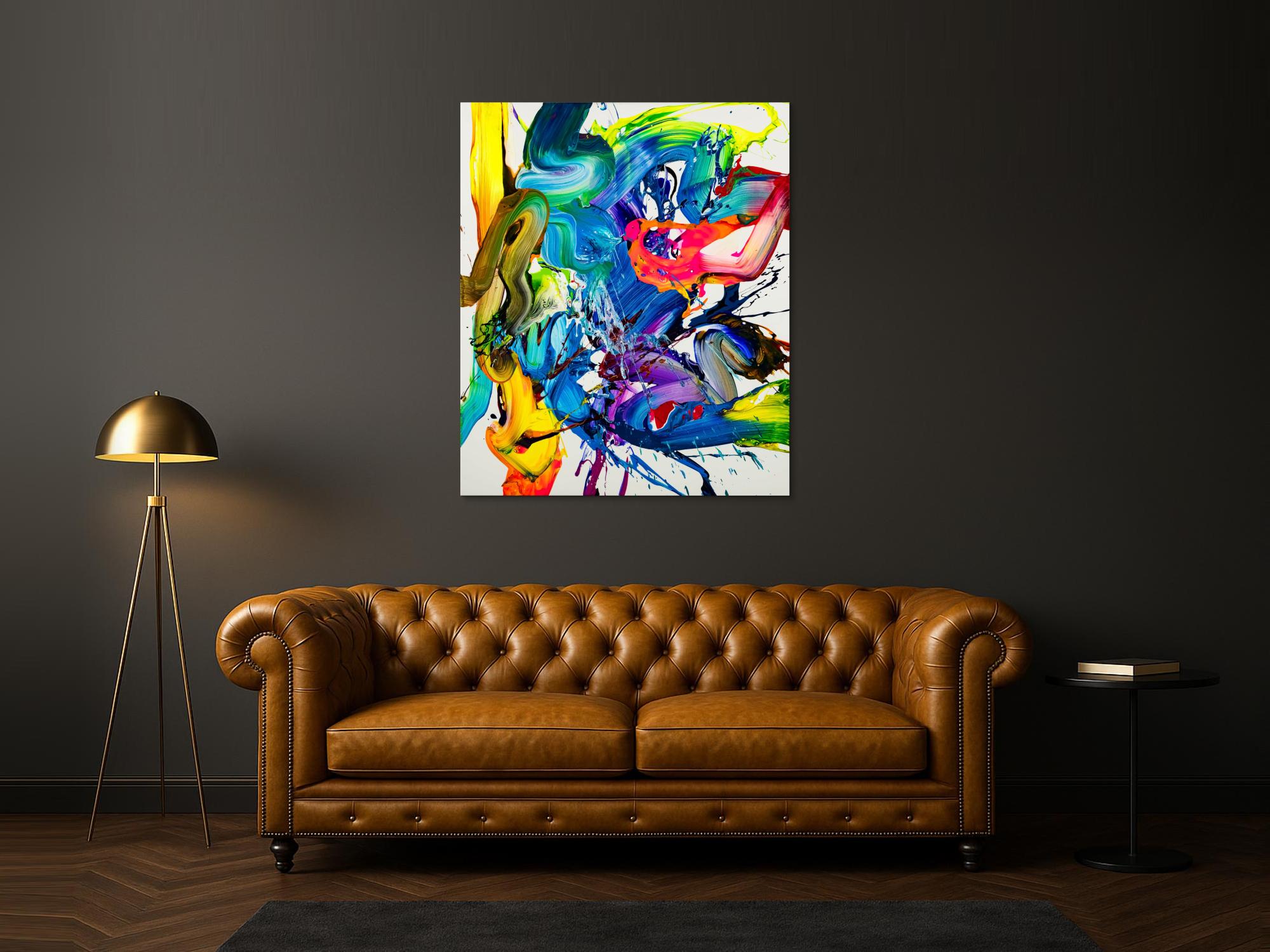 Action Painting Gemälde abstrakt 130x100cm  handgemalt Fluid Painting NEON bunt weiß blau