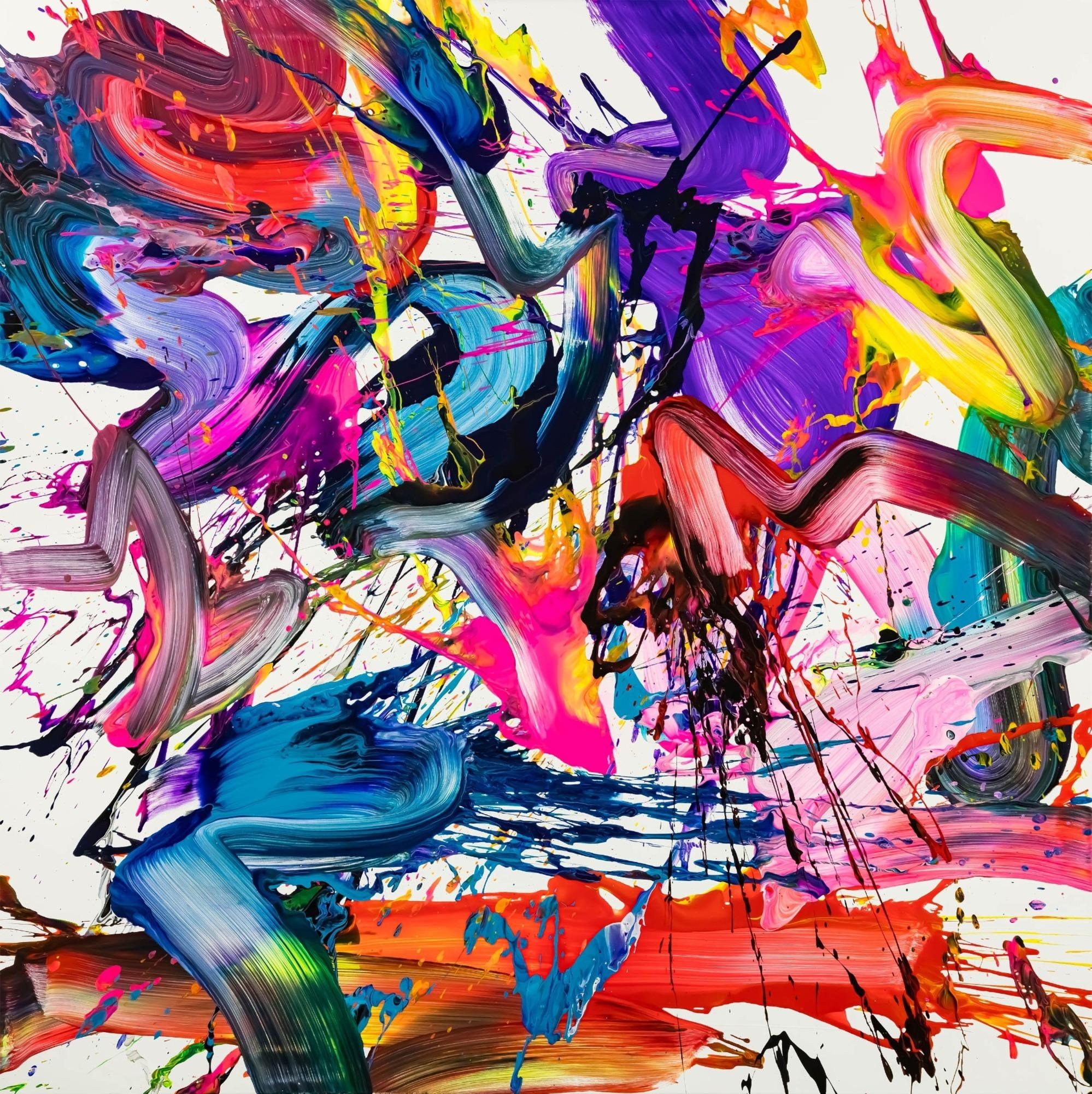 Abstraktes Original Gemälde 140x140cm Action Painting Moderne Kunst auf Leinwand Splash Art bunt NEON