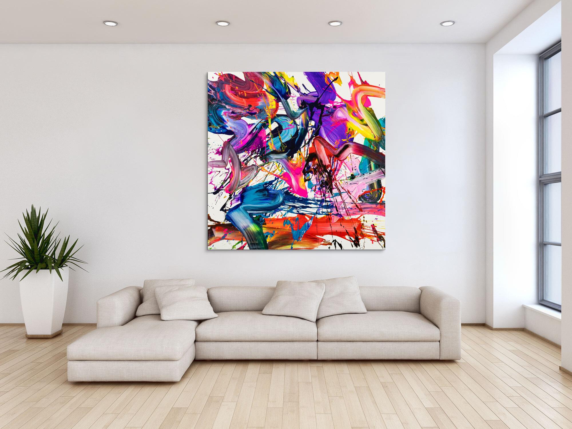 Abstraktes Original Gemälde 140x140cm Action Painting Moderne Kunst auf Leinwand Splash Art bunt NEON