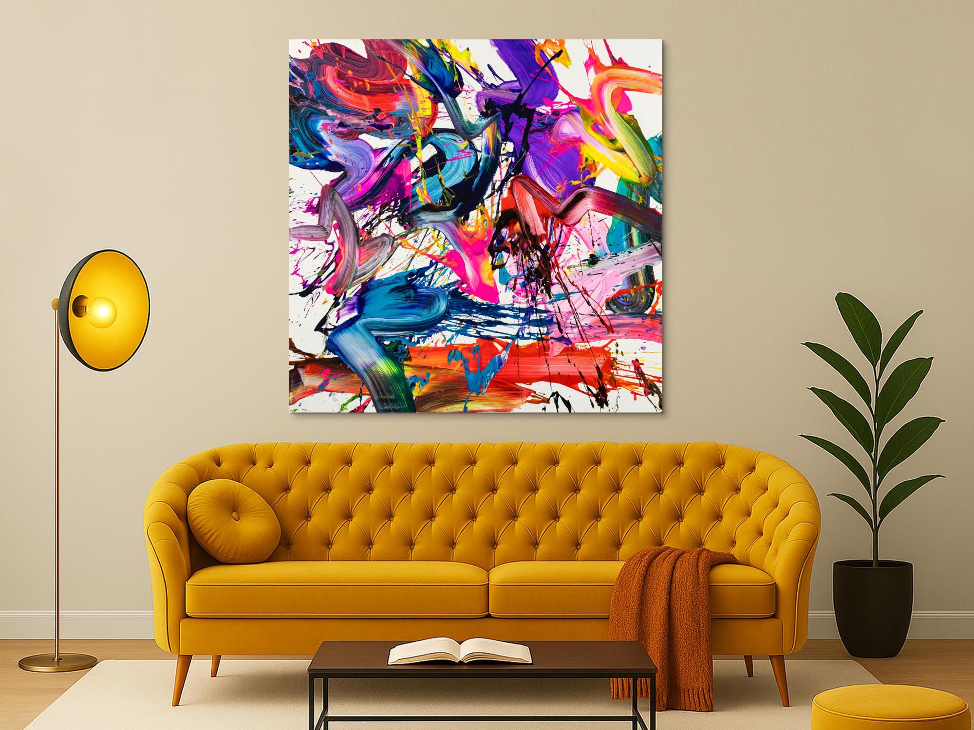 Abstraktes Original Gemälde 140x140cm Action Painting Moderne Kunst auf Leinwand Splash Art bunt NEON