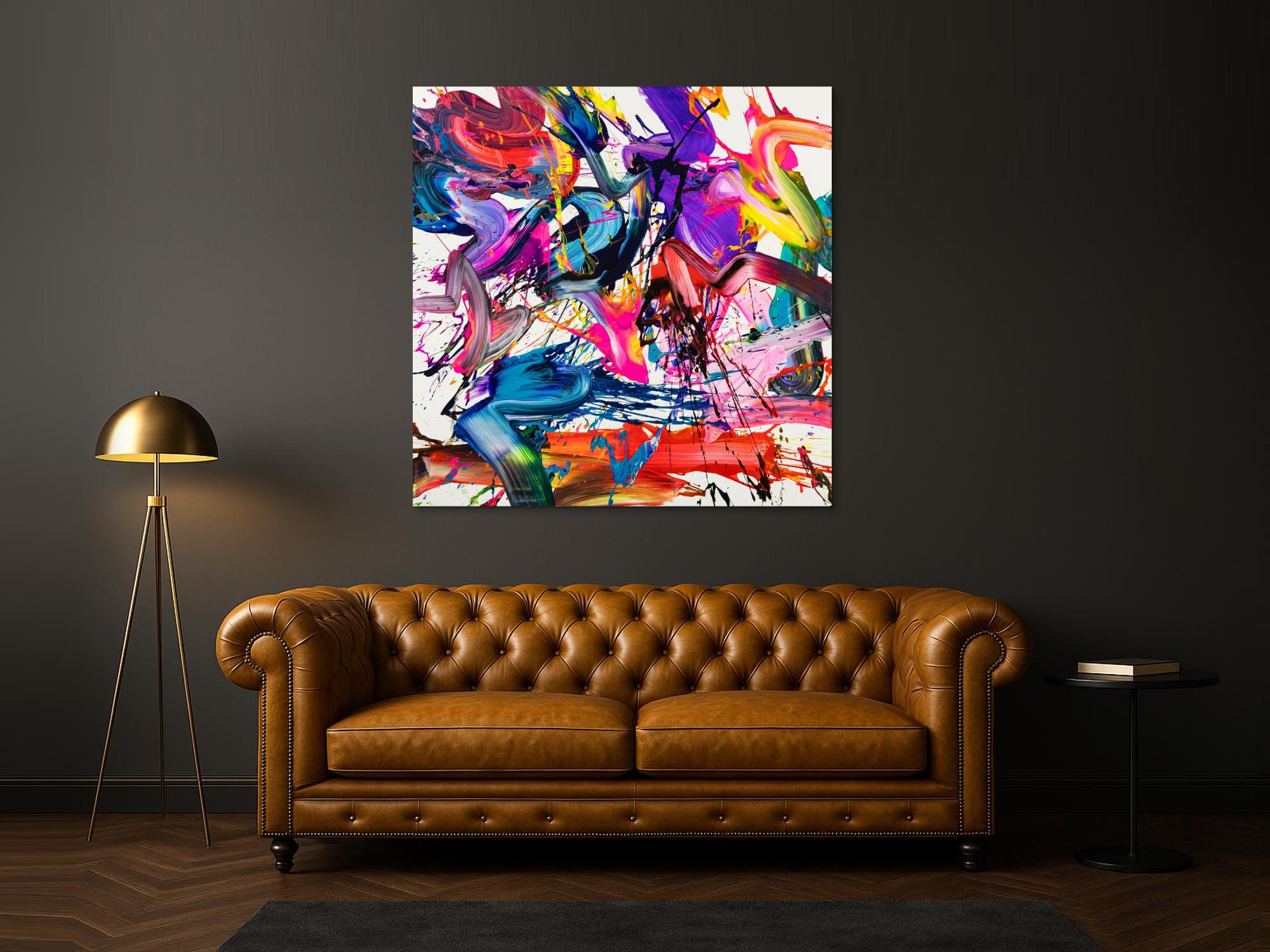 Abstraktes Original Gemälde 140x140cm Action Painting Moderne Kunst auf Leinwand Splash Art bunt NEON