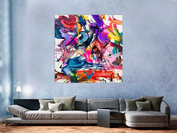 Abstraktes Original Gemälde 140x140cm Action Painting Moderne Kunst auf Leinwand Splash Art bunt NEON