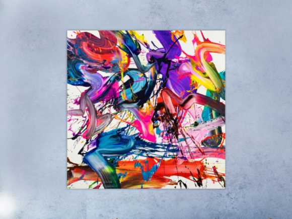 Abstraktes Original Gemälde 140x140cm Action Painting Moderne Kunst auf Leinwand Splash Art bunt NEON