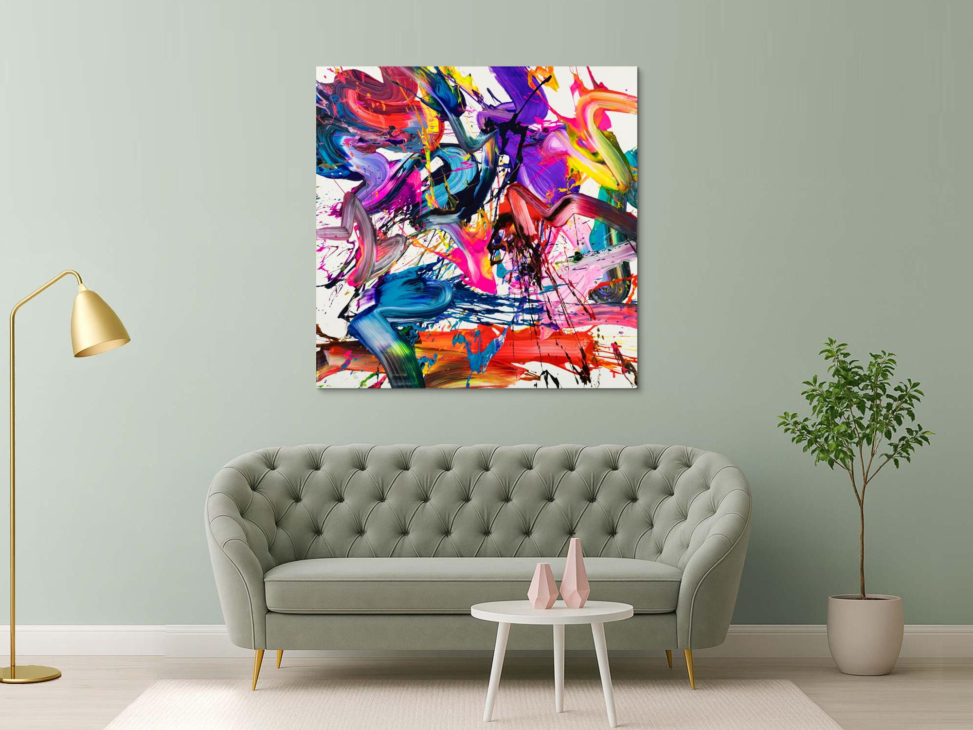 Abstraktes Original Gemälde 140x140cm Action Painting Moderne Kunst auf Leinwand Splash Art bunt NEON