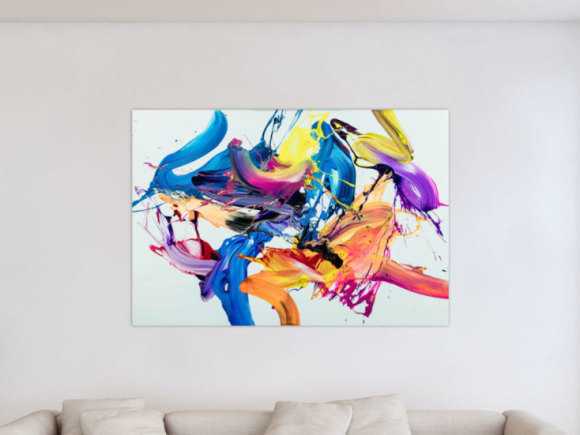 Gemälde Original abstrakt 100x150cm Action Painting Moderne Kunst auf Leinwand Fluid Painting weiß bunt blau einzigartig