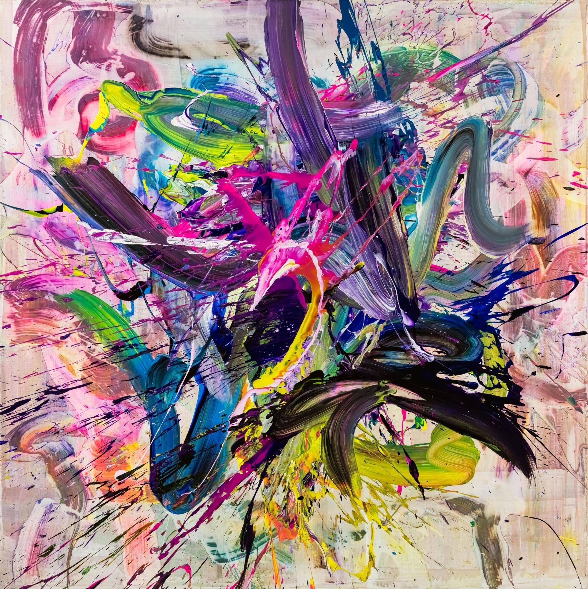 Abstraktes Original Gemälde 140x140cm Action Painting expressionistisch handgefertigt Mischtechnik bunt weiß rosa hochwertig