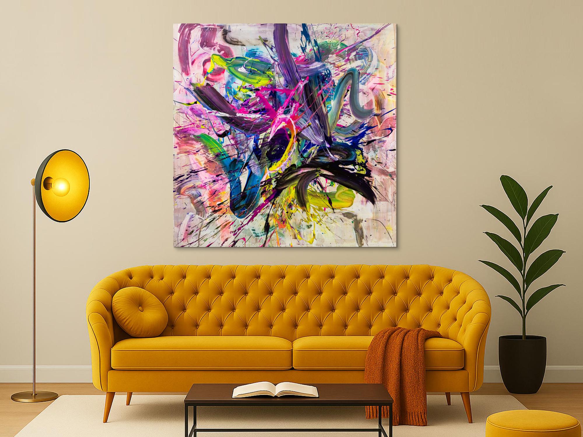 Abstraktes Original Gemälde 140x140cm Action Painting expressionistisch handgefertigt Mischtechnik bunt weiß rosa hochwertig