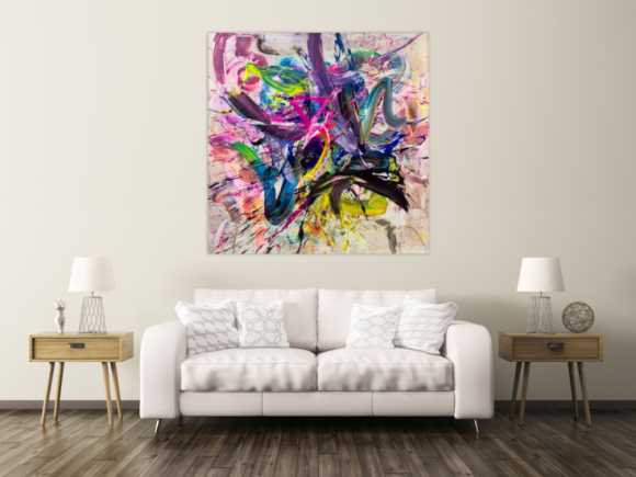 Abstraktes Original Gemälde 140x140cm Action Painting expressionistisch handgefertigt Mischtechnik bunt weiß rosa hochwertig