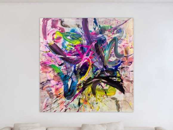 Abstraktes Original Gemälde 140x140cm Action Painting expressionistisch handgefertigt Mischtechnik bunt weiß rosa hochwertig