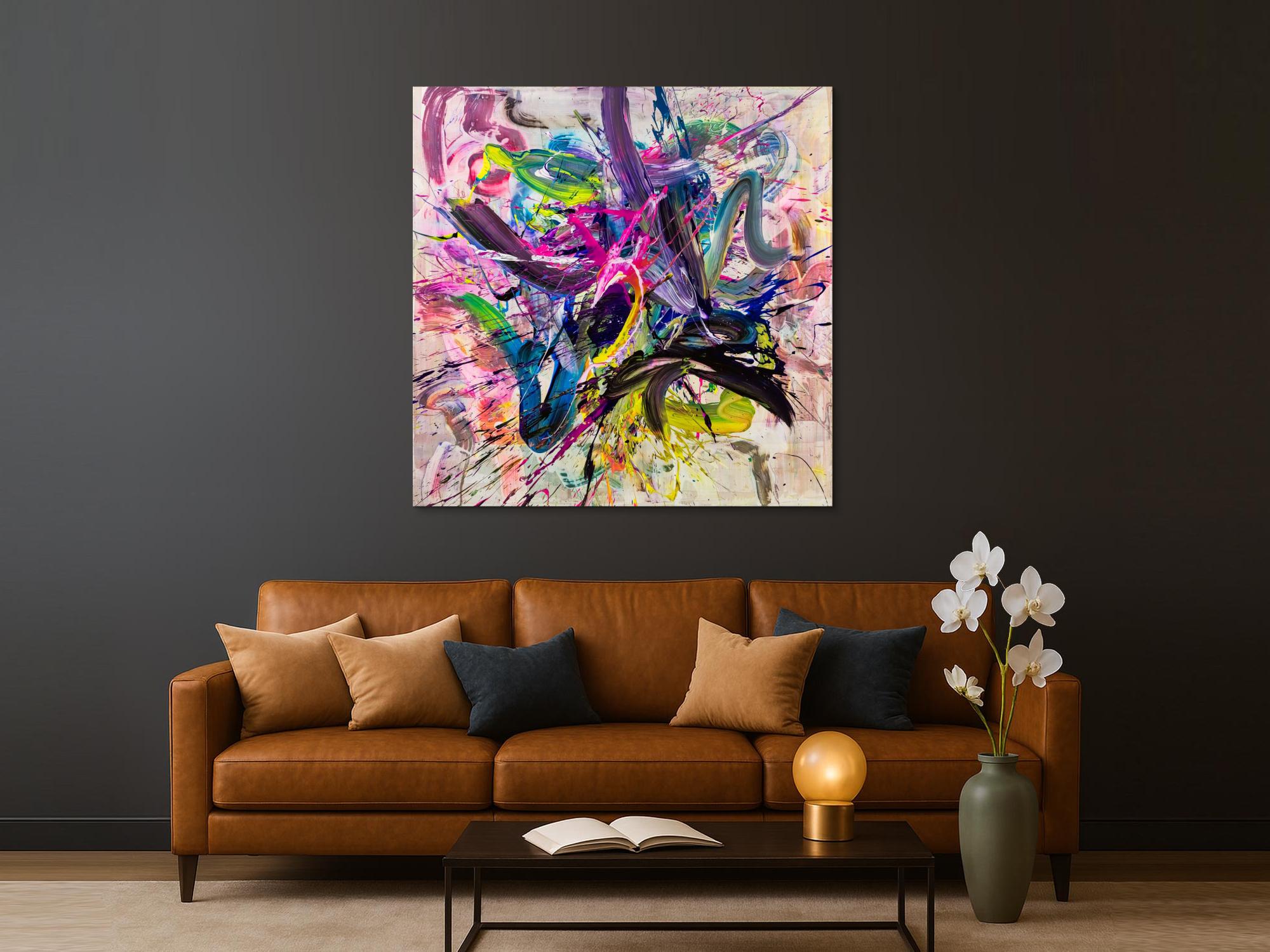 Abstraktes Original Gemälde 140x140cm Action Painting expressionistisch handgefertigt Mischtechnik bunt weiß rosa hochwertig