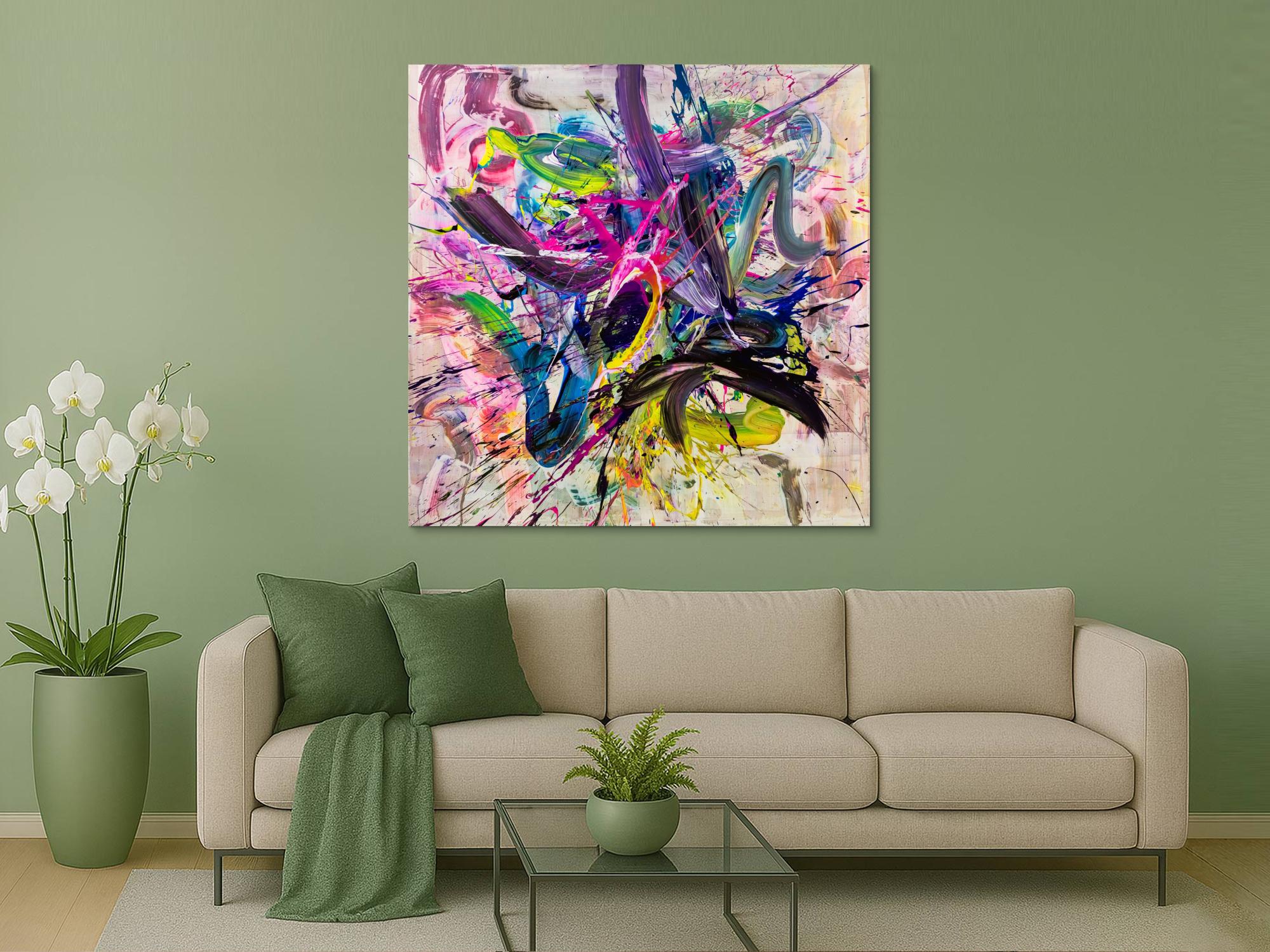 Abstraktes Original Gemälde 140x140cm Action Painting expressionistisch handgefertigt Mischtechnik bunt weiß rosa hochwertig