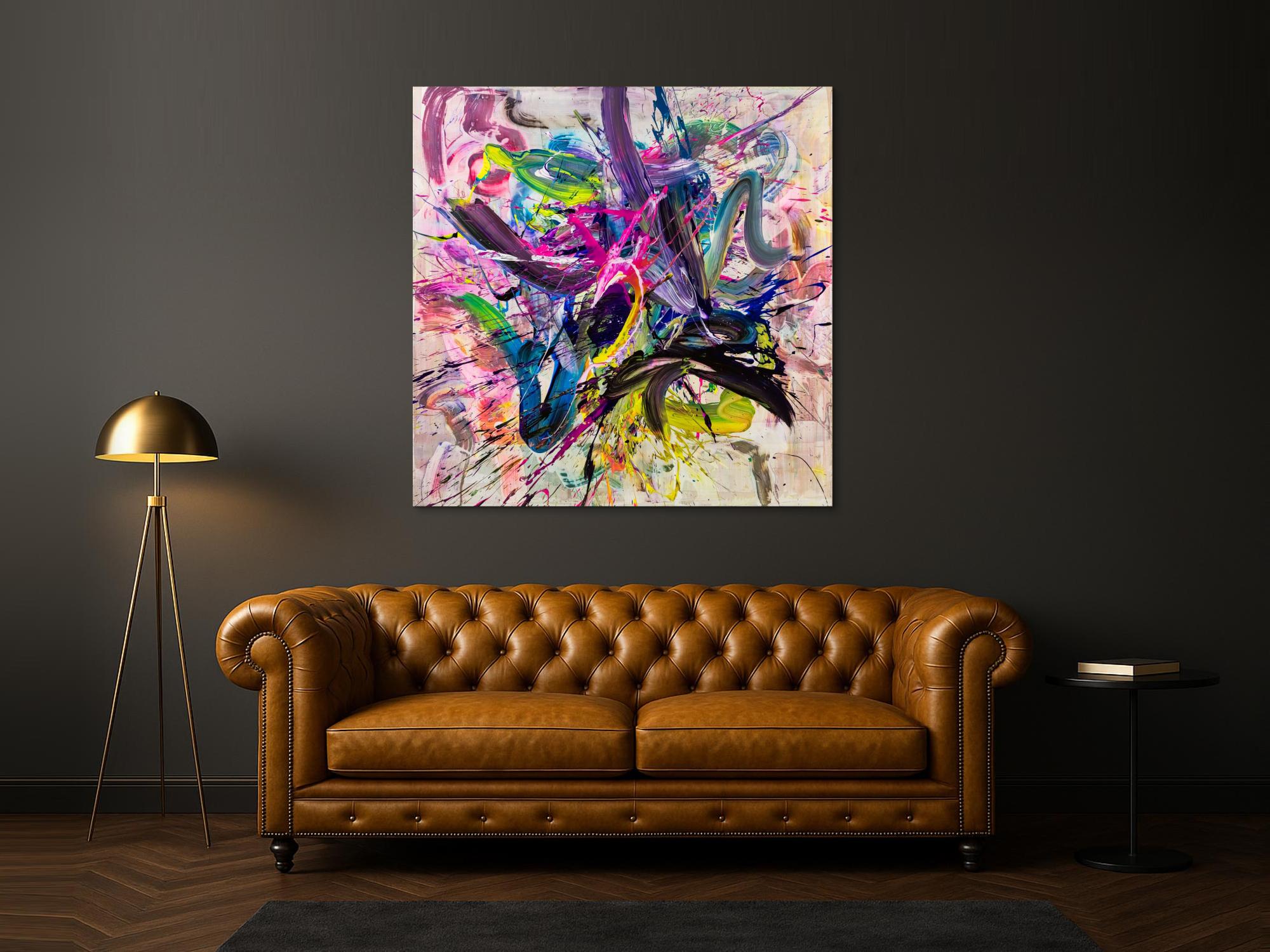 Abstraktes Original Gemälde 140x140cm Action Painting expressionistisch handgefertigt Mischtechnik bunt weiß rosa hochwertig